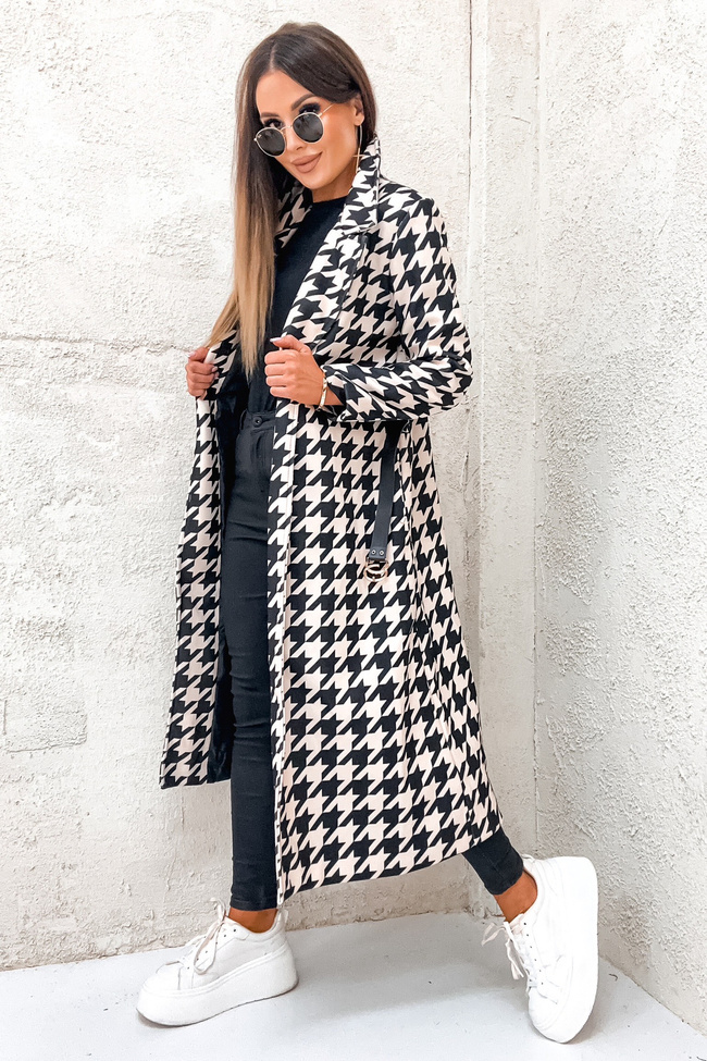 DŁUGI PŁASZCZ W PEPITKĘ WIĄZANY W PASIE
