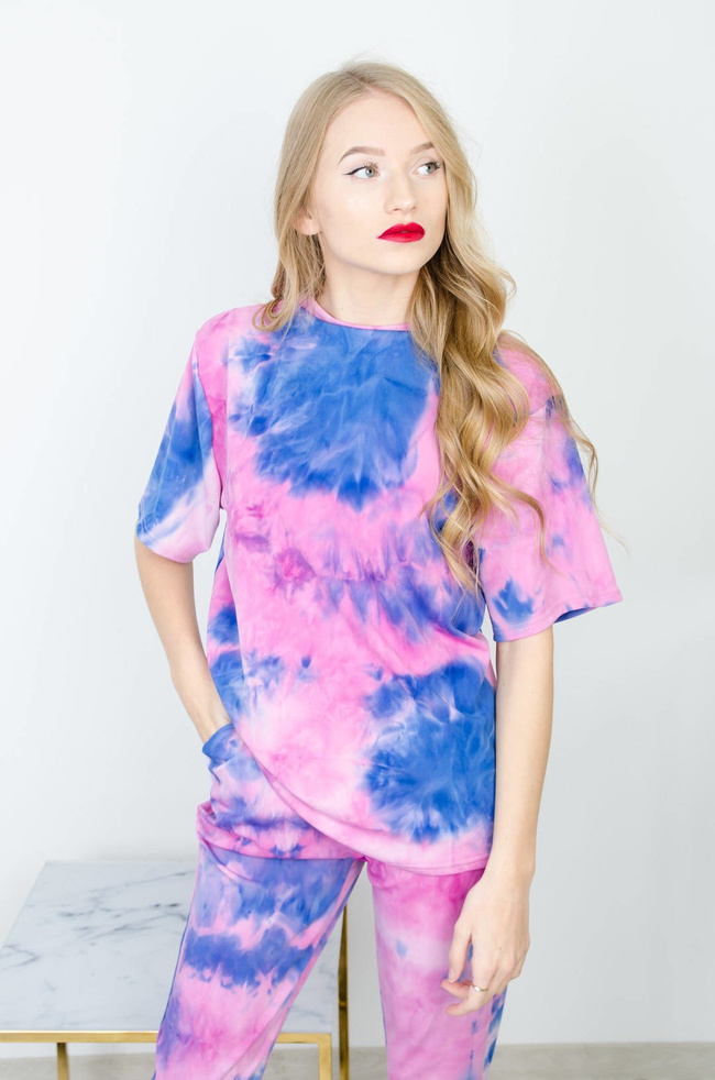 FIOLETOWO-GRANATOWY KOMPLET BLUZKA + SPODNIE Z EFEKTEM TIE DYE