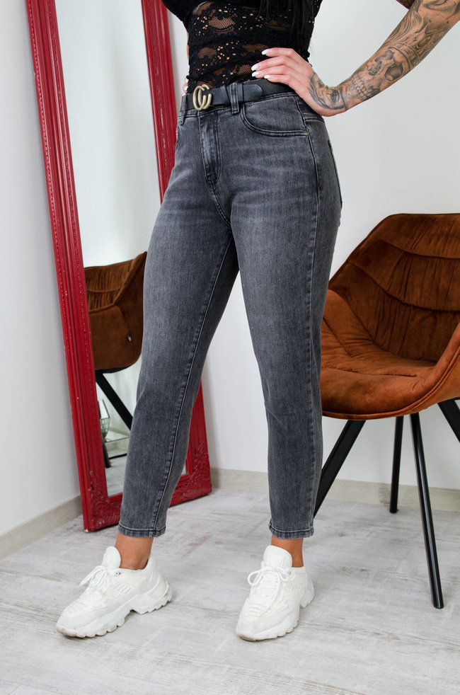 CIEMNO SZARE SPODNIE JEANSOWE Z PASKIEM W ZESTAWIE-WYSOKI STAN