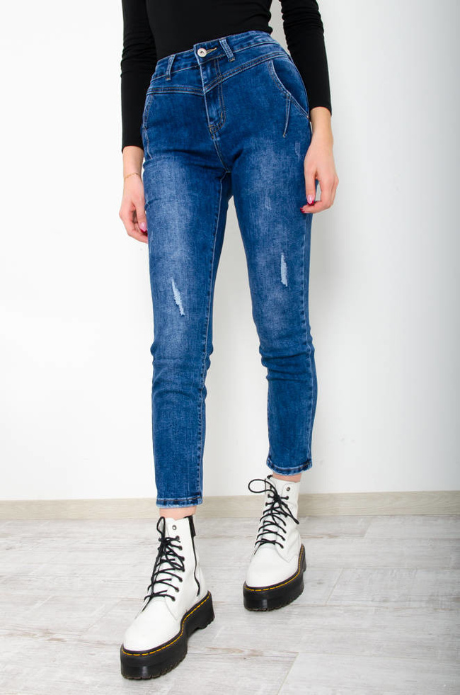 JEANSOWE SPODNIE MOM FIT Z PRZETARCIAMI I GUMKĄ W PASIE-WYSOKI STAN