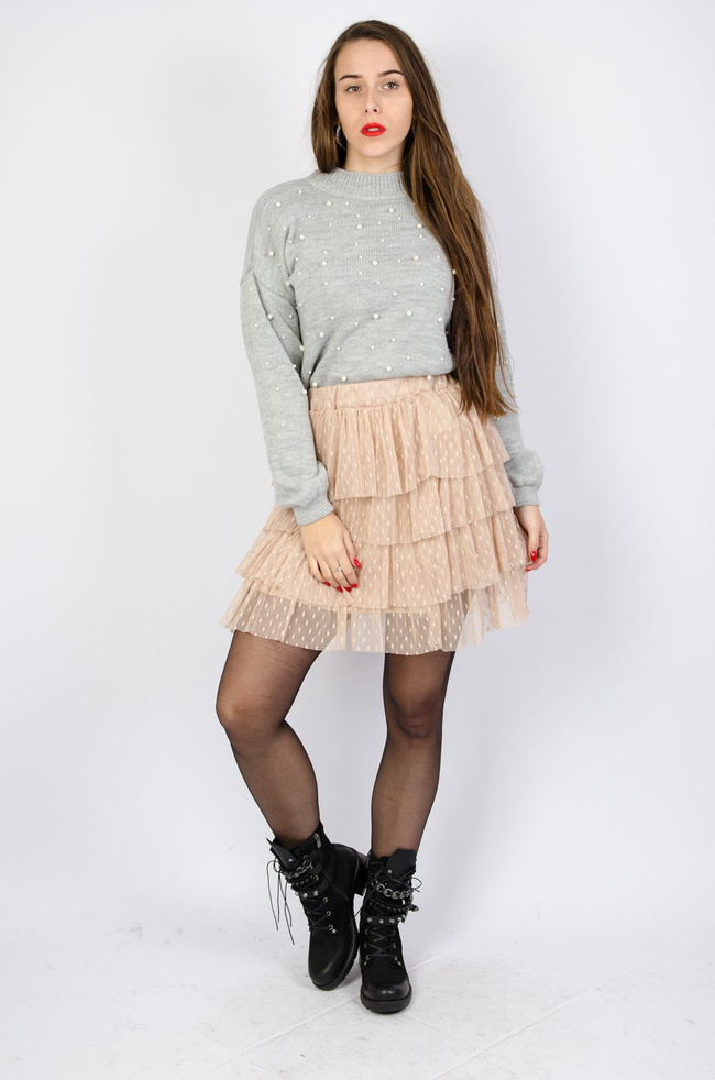 BEŻOWA TIULOWA SPÓDNICA W KROPKI