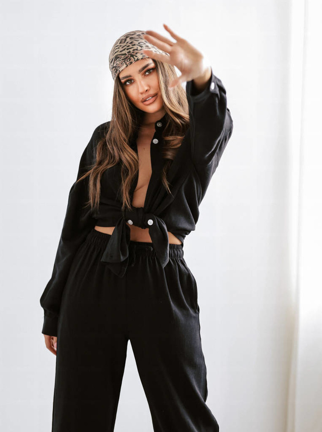 LNIANY KOMPLET KOSZULA+ SPODNIE- CZARNY