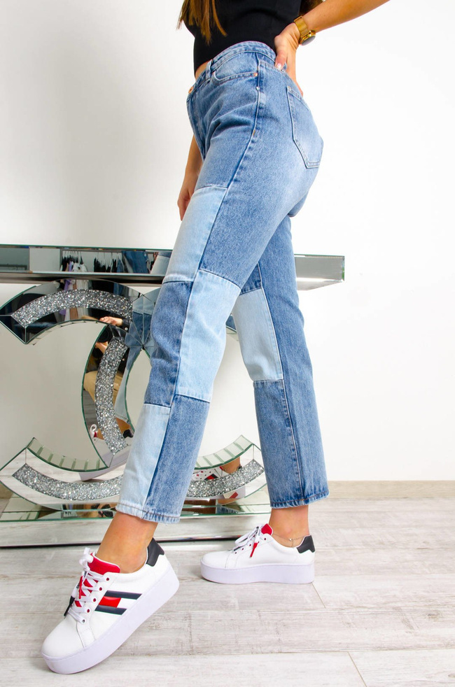 PATCHWORKOWE JEANSY TYPU STRAIGHT LEG-WYSOKI STAN