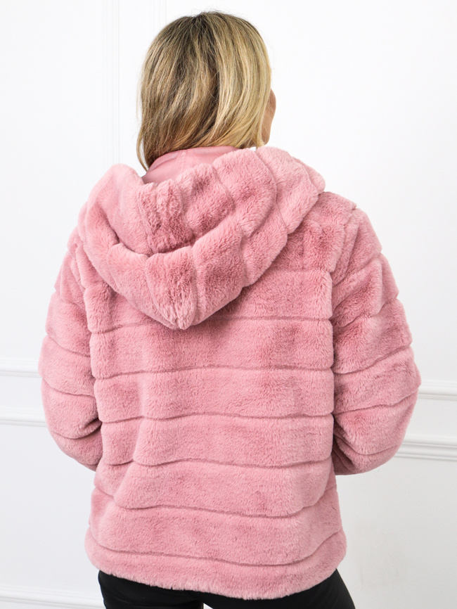 RÓŻOWA FUTRZANA KURTKA Z KAPTUREM