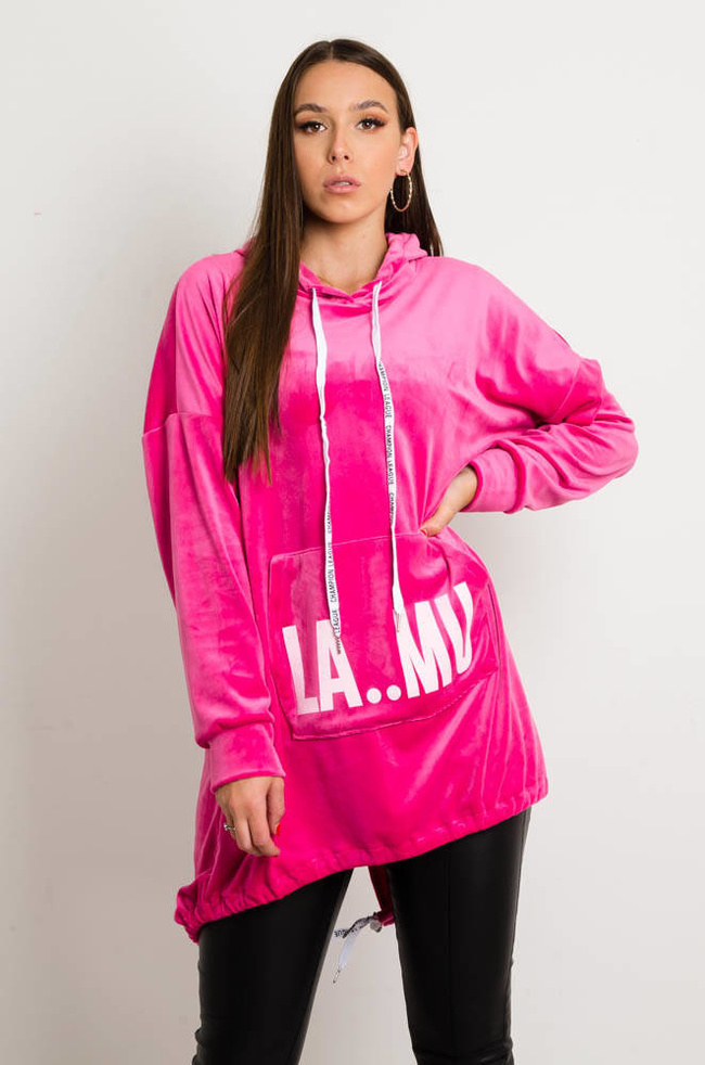 RÓŻOWA WELUROWA SUKIENKA Z KAPTUREM 