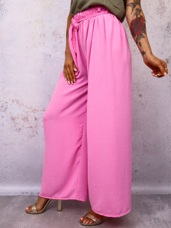SPODNIE SZEROKIE Z GUMĄ I WIĄZANIEM W PASIE- JASNORÓŻOWE