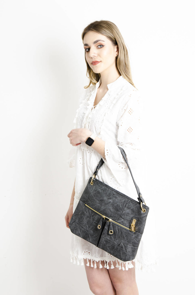 SZARA TOREBKA SHOPPER Z OZDOBNYM PRZESZYCIEM I ZAMKAMI