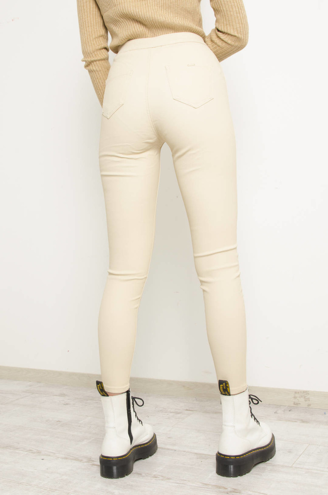 SPODNIE WOSKOWANE Z WYSOKIM STANEM- BEŻOWE