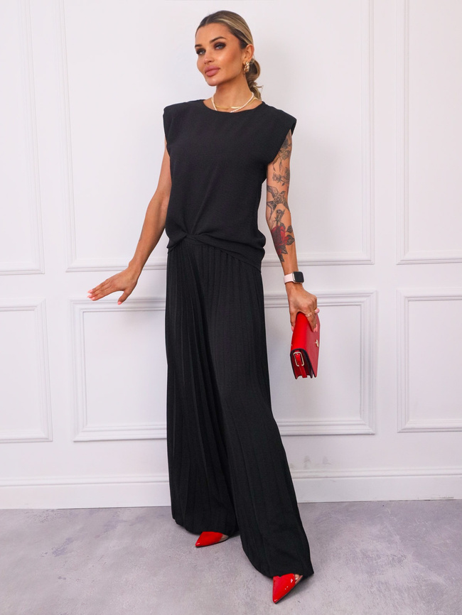 KOMPLET BLUZKA+ SZEROKIE PLISOWANE SPODNIE- CZARNY