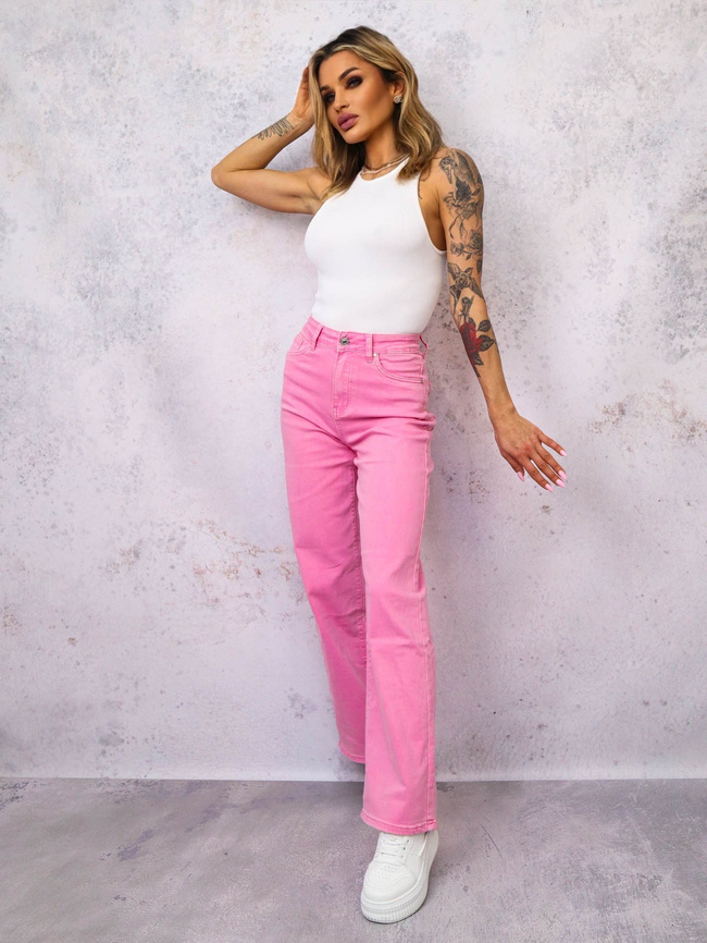 JASNO RÓŻOWE SPODNIE JEANSOWE Z SZEROKIMI NOGAWKAMI