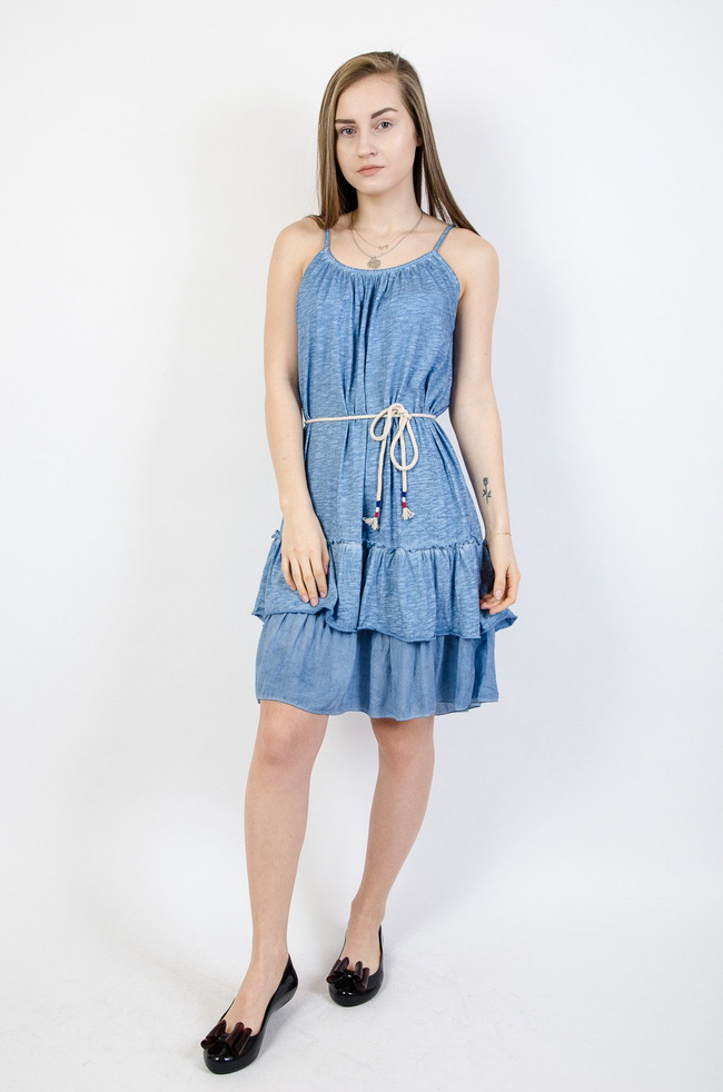  NIEBIESKA SUKIENKA OVERSIZE NA CIENKICH RAMIĄCZKACH Z FALBANĄ NA DOLE 