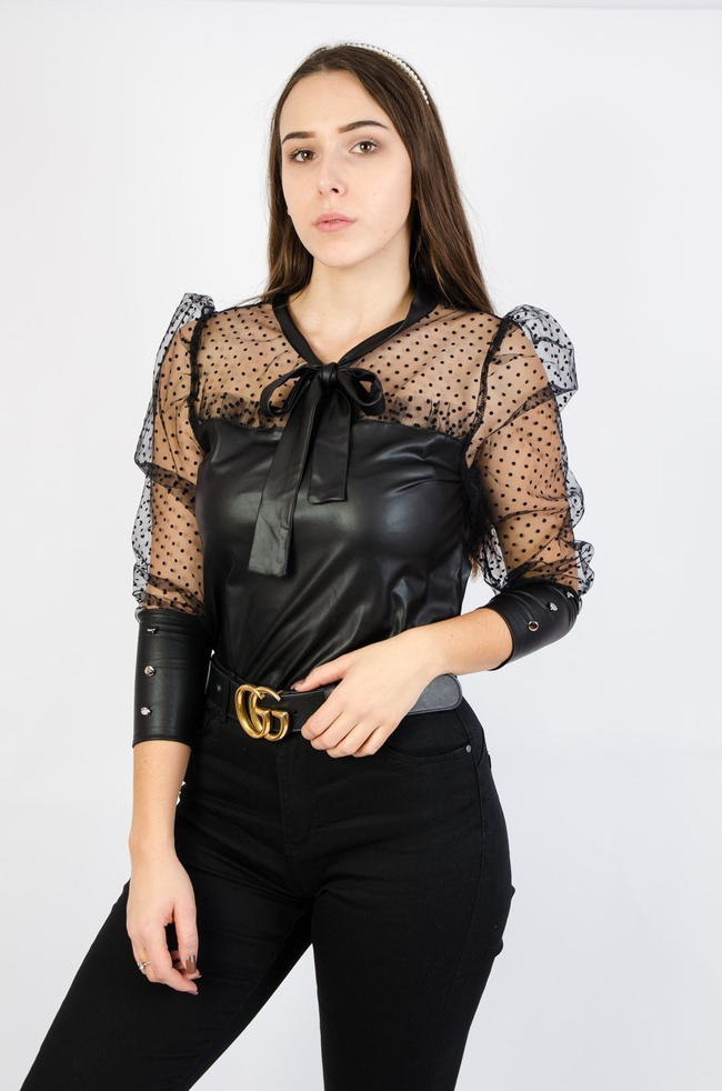 CZARNA BLUZKA Z IMITACJI SKÓRY Z SIATKĄ