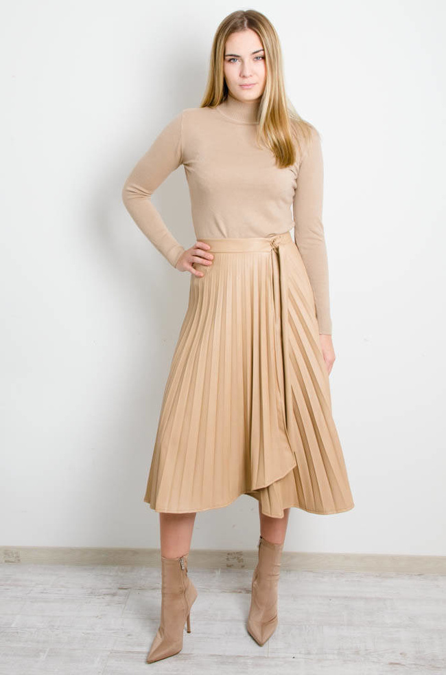 BEŻOWA PLISOWANA SPÓDNICA Z EKO SKÓRY -REGULOWANA