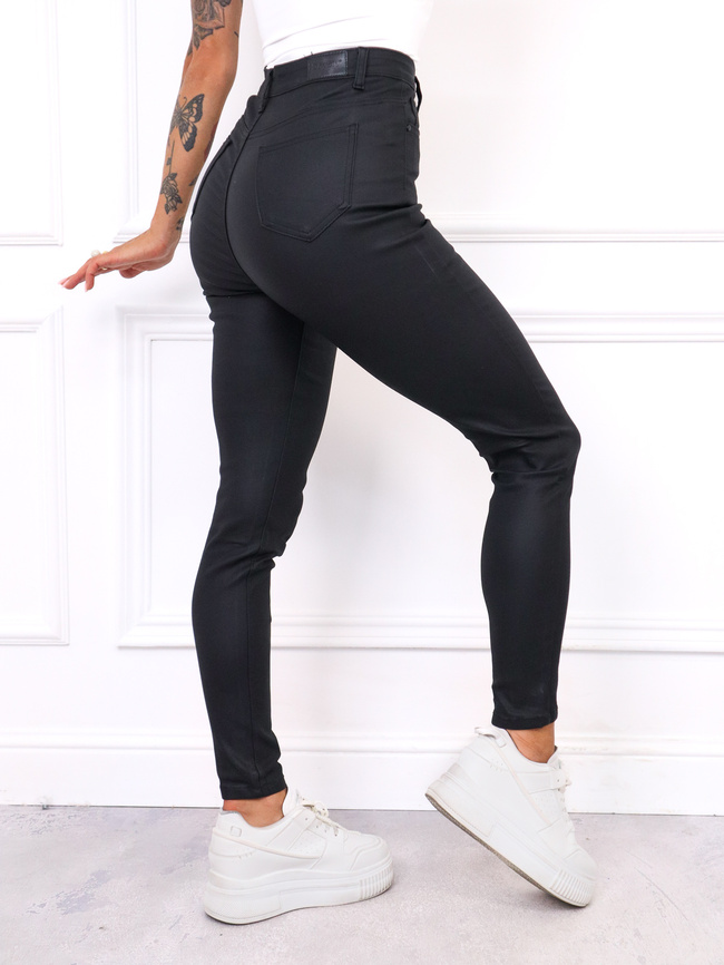 SPODNIE WOSKOWANE Z WYSOKIM STANEM- CZARNE