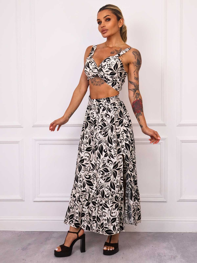 KOMPLET WZORZYSTY TOP+ SPÓDNICA Z ROZCIĘCIEM- CZARNY