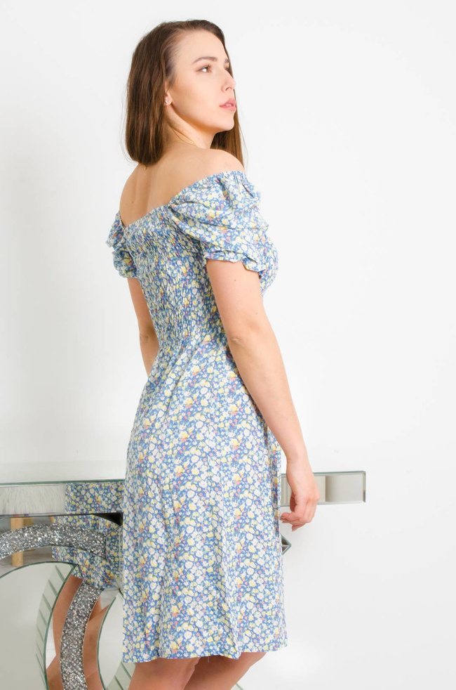 NIEBIESKA SUKIENKA W KWIATY Z BUFKAMI