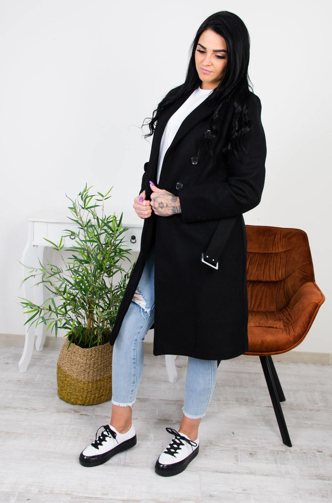 DŁUGI CZARNY TALIOWANY PŁASZCZ 