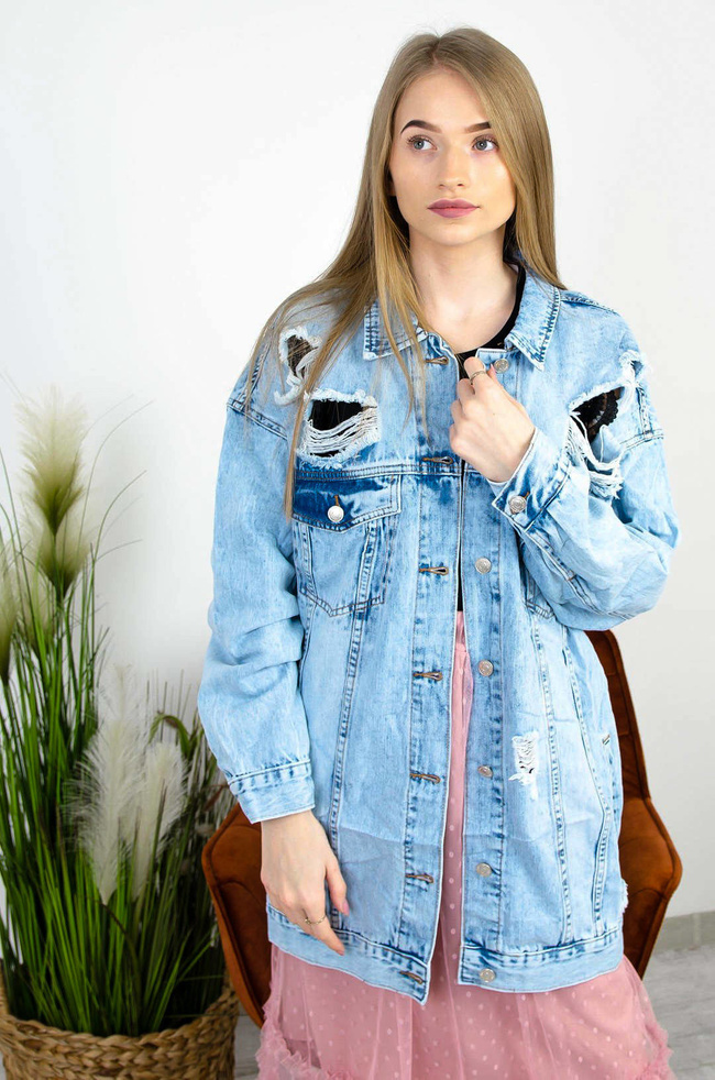 DŁUGA KURTKA JEANSOWA Z PRZETARCIAMI ( DUŻE ROZMIARY M-3XL )