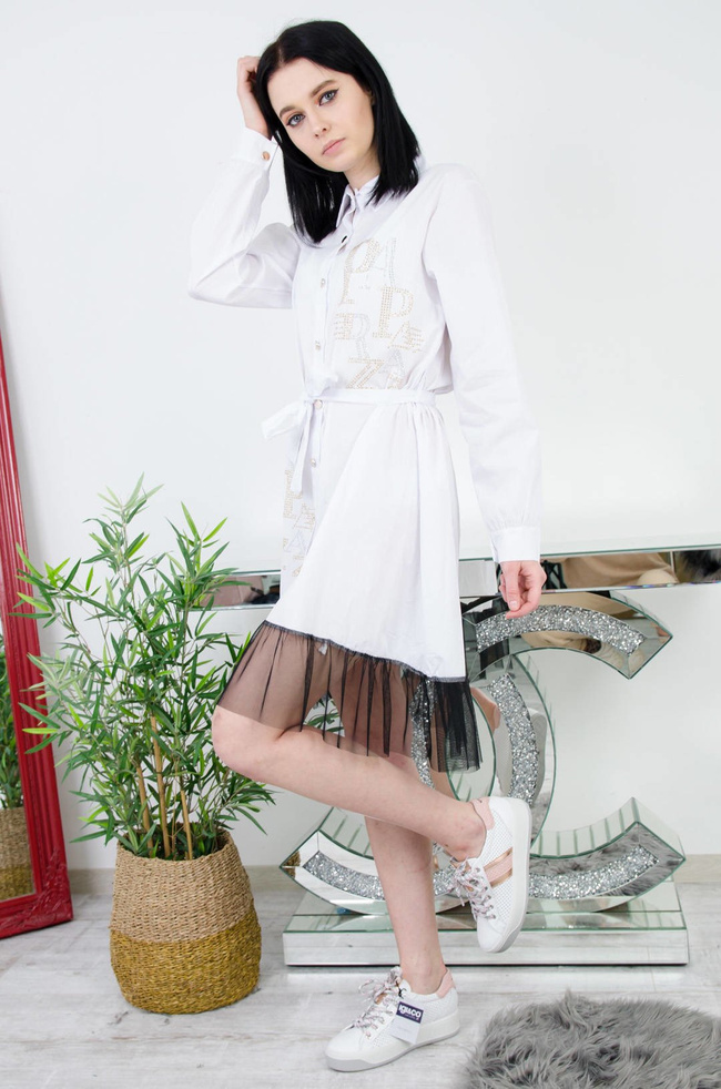 BIAŁA KOSZULOWA SUKIENKA Z TIULEM 