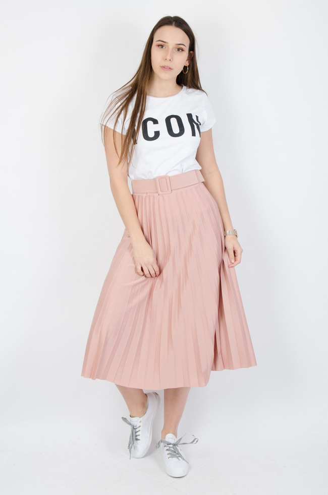 Różowa plisowana spódnica midi z paskiem
