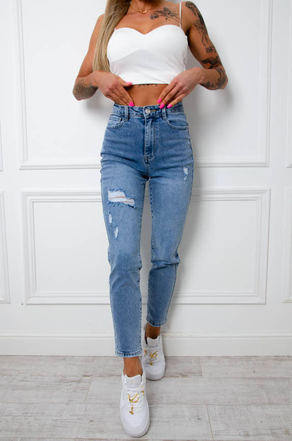 SPODNIE JEANSOWE MOM FIT Z PRZETARCIAMI- NIEBIESKIE