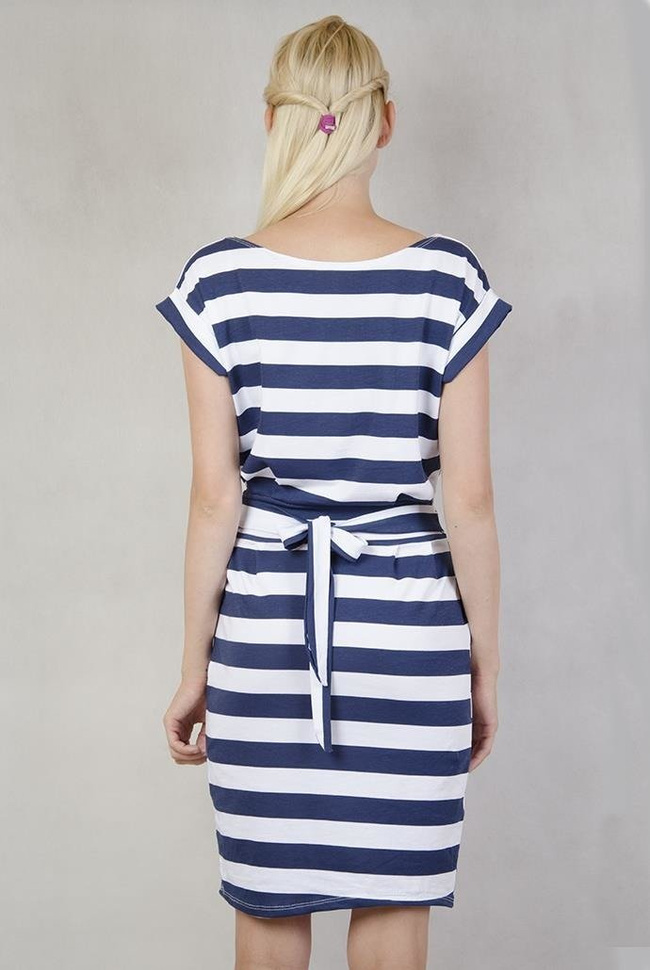 Granatowo-biała sukienka w paski wiązana z tyłu