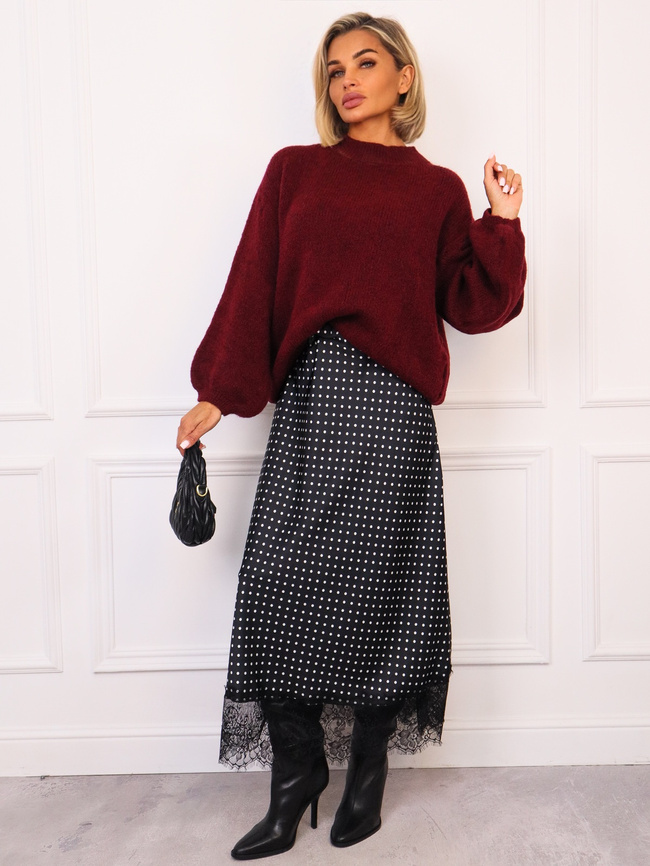 SPÓDNICA SATYNOWA MAXI W KROPKI ZAKOŃCZONA KORONKĄ- CZARNA