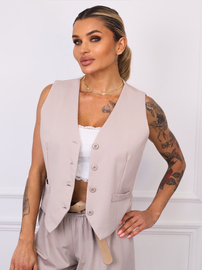 KOMPLET KAMIZELKA+ SPODNIE Z SZEROKIMI NOGAWKAMI I PASKIEM- BEŻOWY