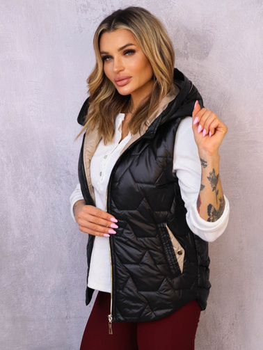 KAMIZELKA ASYMETRYCZNA Z KONTRASTOWYM KAPTUREM- CZARNA