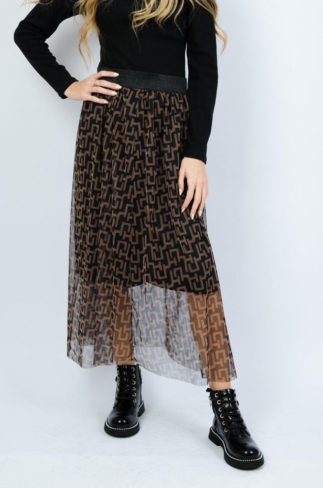 Czarna warstwowa spódnica z tiulu w brązowe wzory