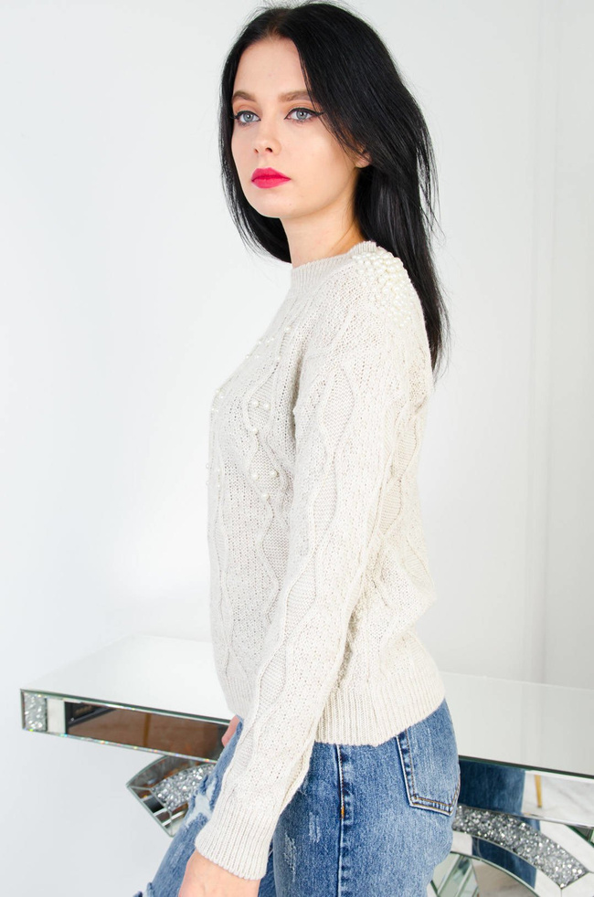  SWETER Z PEREŁKAMI W KOLRZE CIEMNEGO BEŻU