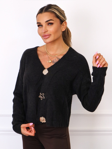 SWETER ZAPINANY NA ZŁOTE BROSZKI- CZARNY
