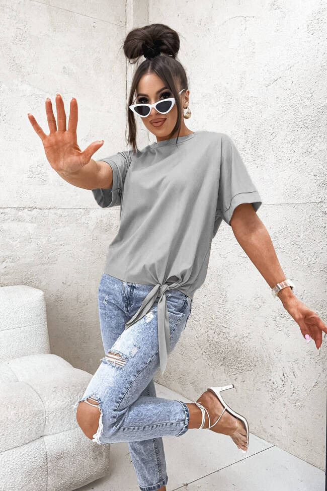 BLUZKA NA KRÓTKI RĘKAW WIĄZANA NA BOKU- SZARA