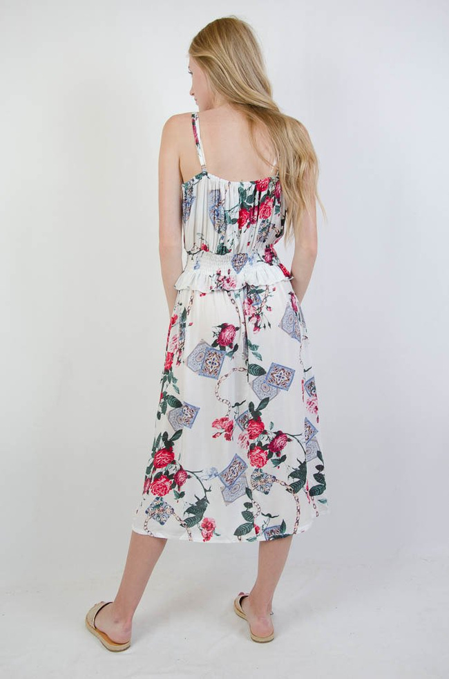 BIAŁA SUKIENKA W KWIATY Z GUMĄ W PASIE