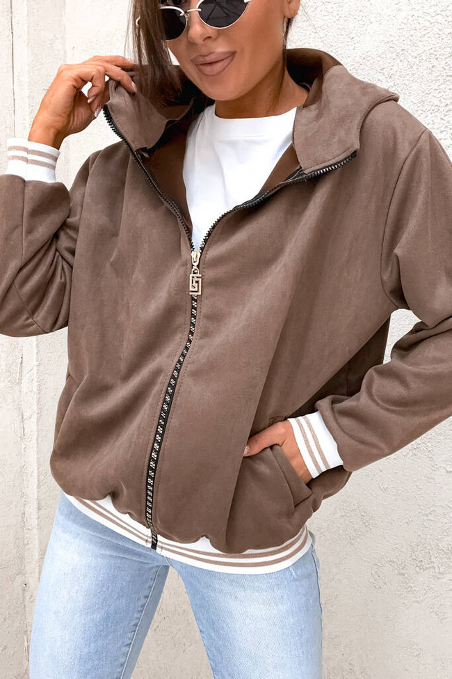 BLUZA ZAMSZOWA Z KONTRASTOWYMI ŚCIĄGACZAMI- CIEMNY BRĄZ