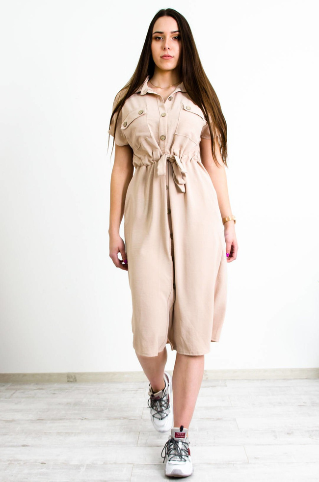 BEŻOWA MAXI SZMIZJERKA Z WIĄZANIEM W PASIE