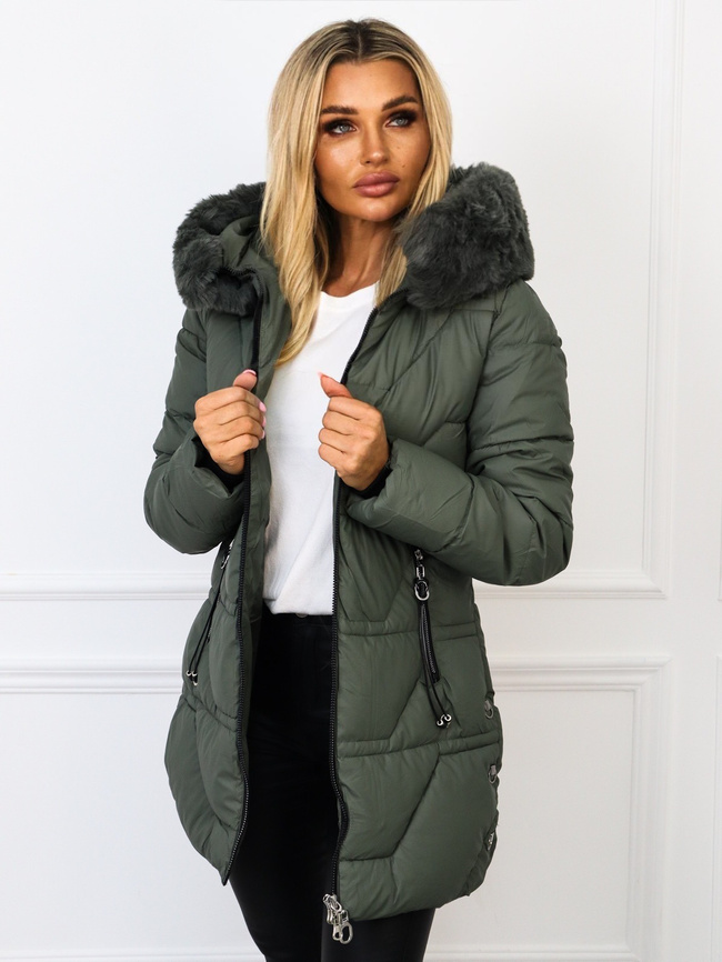 KURTKA PIKOWANA Z FUTERKIEM NA KAPTURZE- ZIELONA
