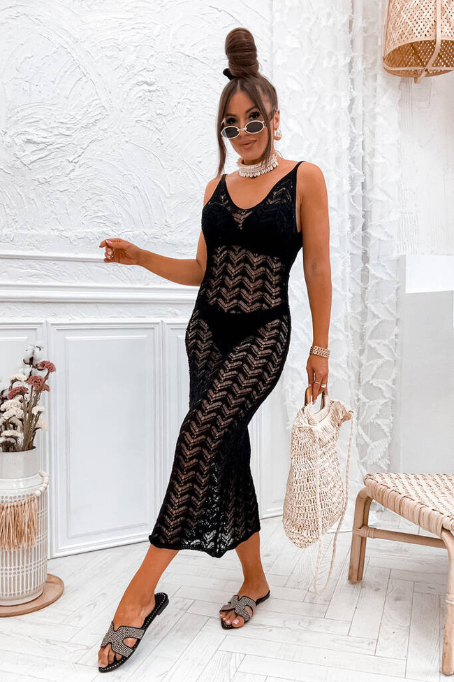 SUKIENKA MAXI AŻUROWA BOHO- CZARNA