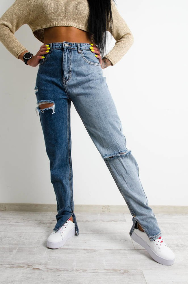 SPODNIE JEANSOWE Z DZIURAMI I ROZCIĘCIEM NA NOGAWCE - WYSOKI STAN