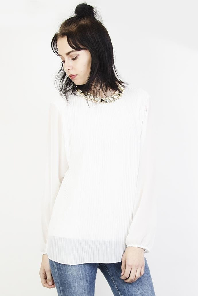 Biała szyfonowa, bluzka koszulowa, plisowana