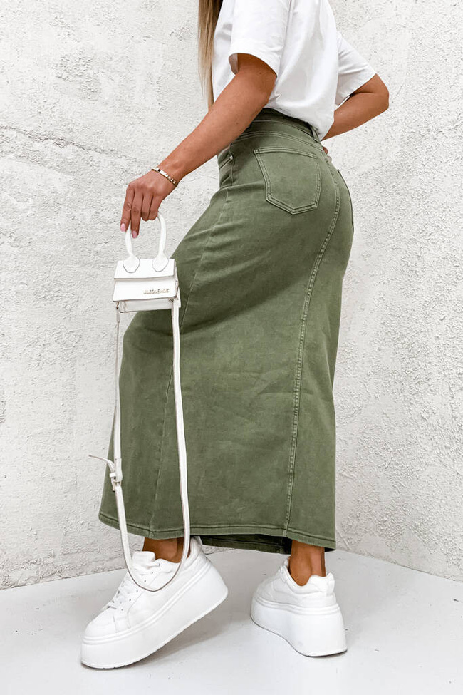 SPÓDNICA JEANSOWE MAXI Z ROZCIĘCIEM- ZIELONA