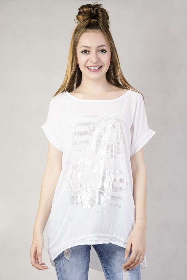 Biała bluzka ze srebrnym nadrukiem