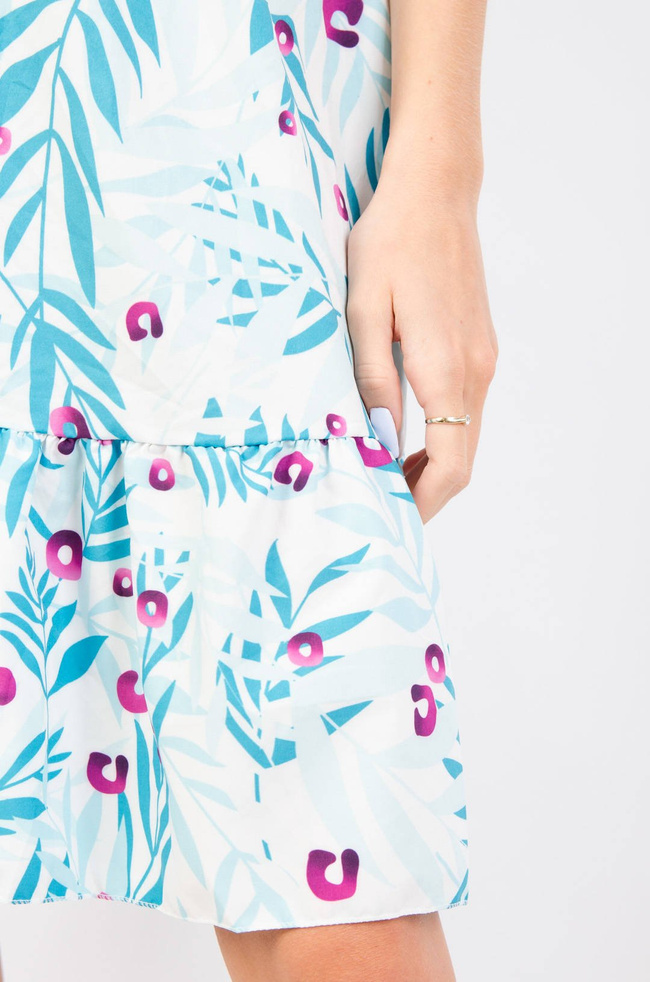 WZORZYSTA SUKIENKA WIĄZANA W PASIE - BIAŁO-TURKUSOWA