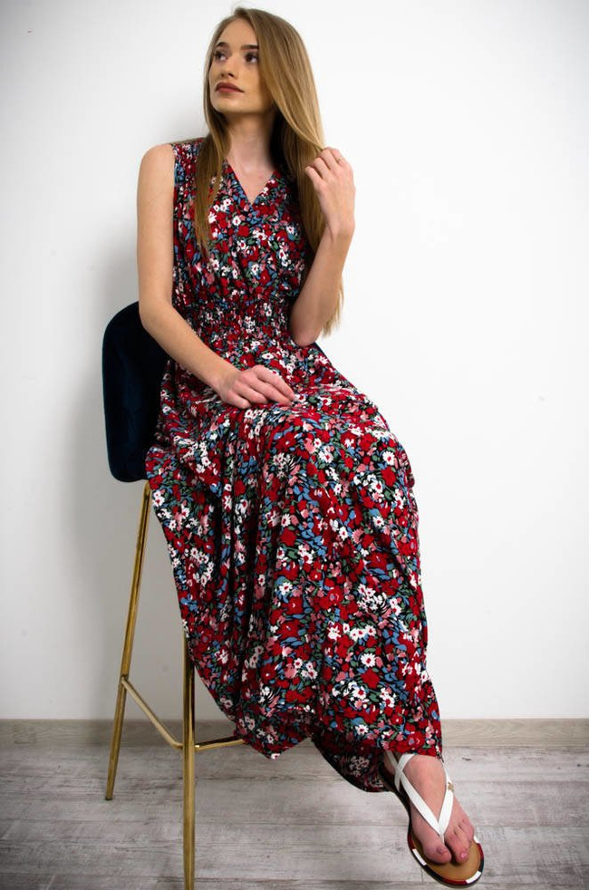 KWIECISTA DŁUGA SUKIENKA Z KOPERTOWYM DEKOLTEM