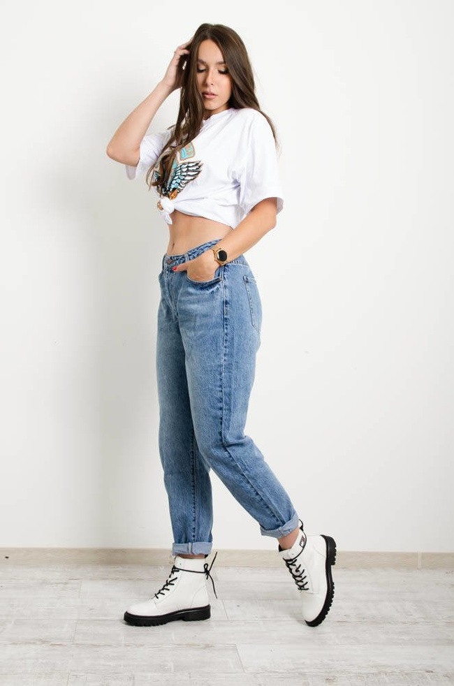 SPODNIE JEANSOWE MOM FIT BEZ PRZETARĆ-WYSOKI STAN