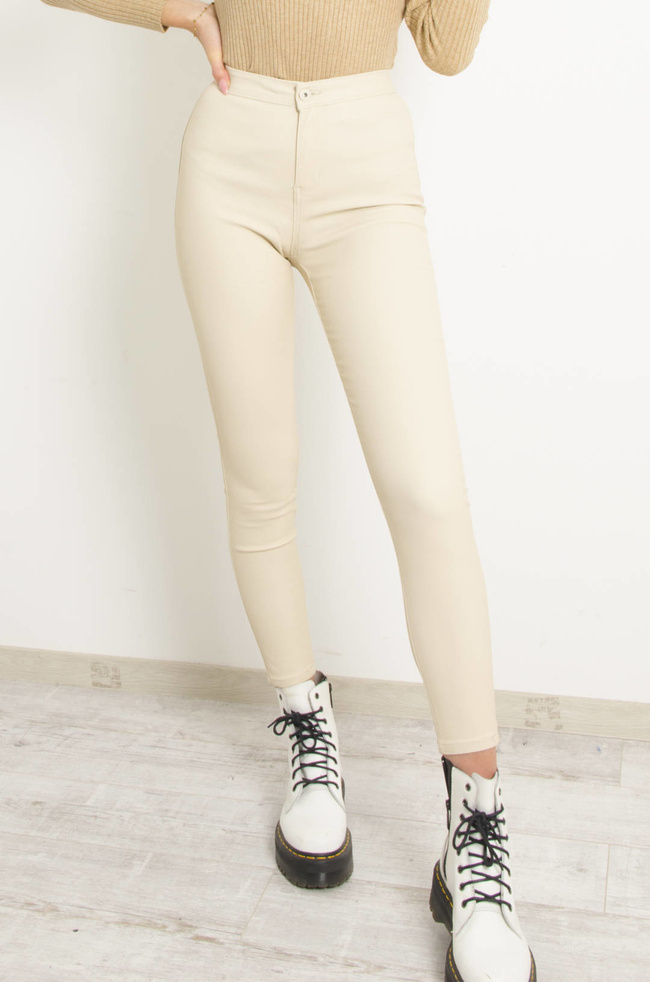 SPODNIE WOSKOWANE Z WYSOKIM STANEM- BEŻOWE