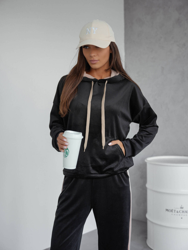 KOMPLET WELUROWY BLUZA+ SPODNIE Z KONTRASTOWYMI LAMPASAMI- CZARNY 