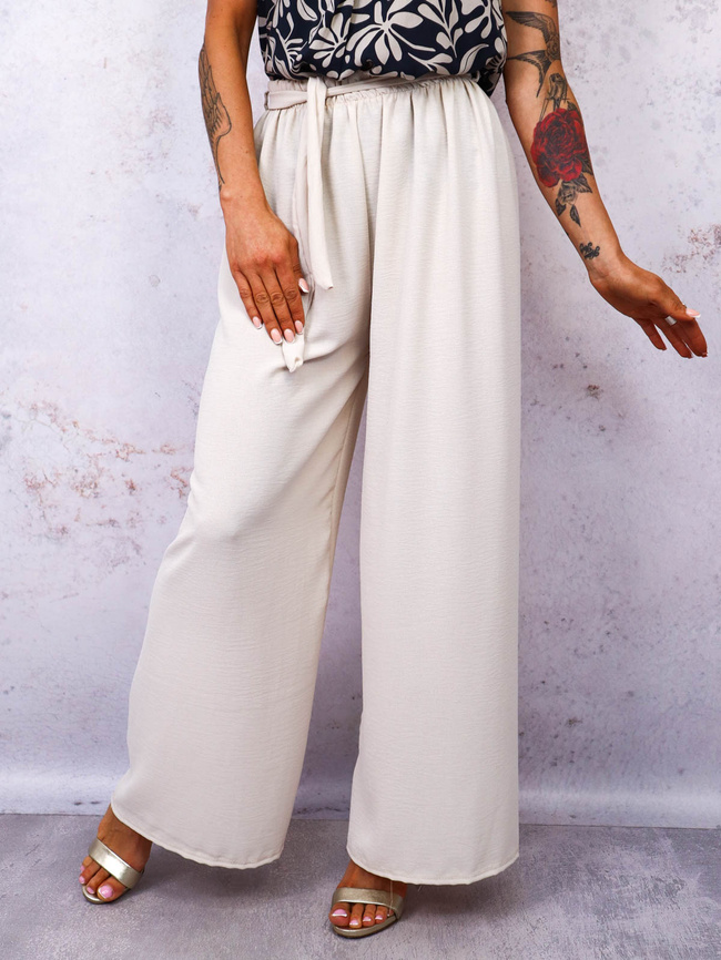 SPODNIE SZEROKIE Z GUMĄ I WIĄZANIEM W PASIE- BEŻOWE