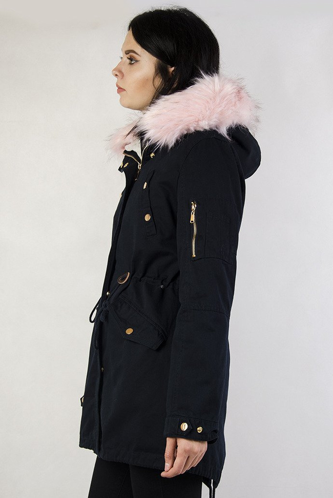 Granatowa kurtka parka z różowym futerkiem