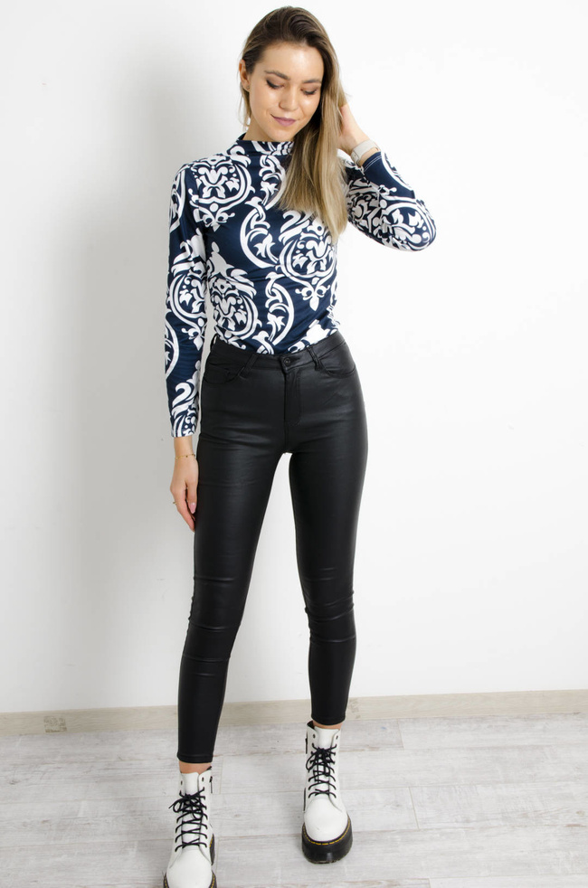 CZARNE WOSKOWANE SPODNIE Z WYSOKIM STANEM- OCIEPLANE